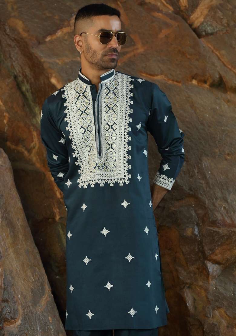 Blue Yoke Design Silk Kurta Set For Men - Indya