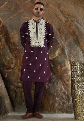 Wine Yoke Design Silk Kurta Set For Men