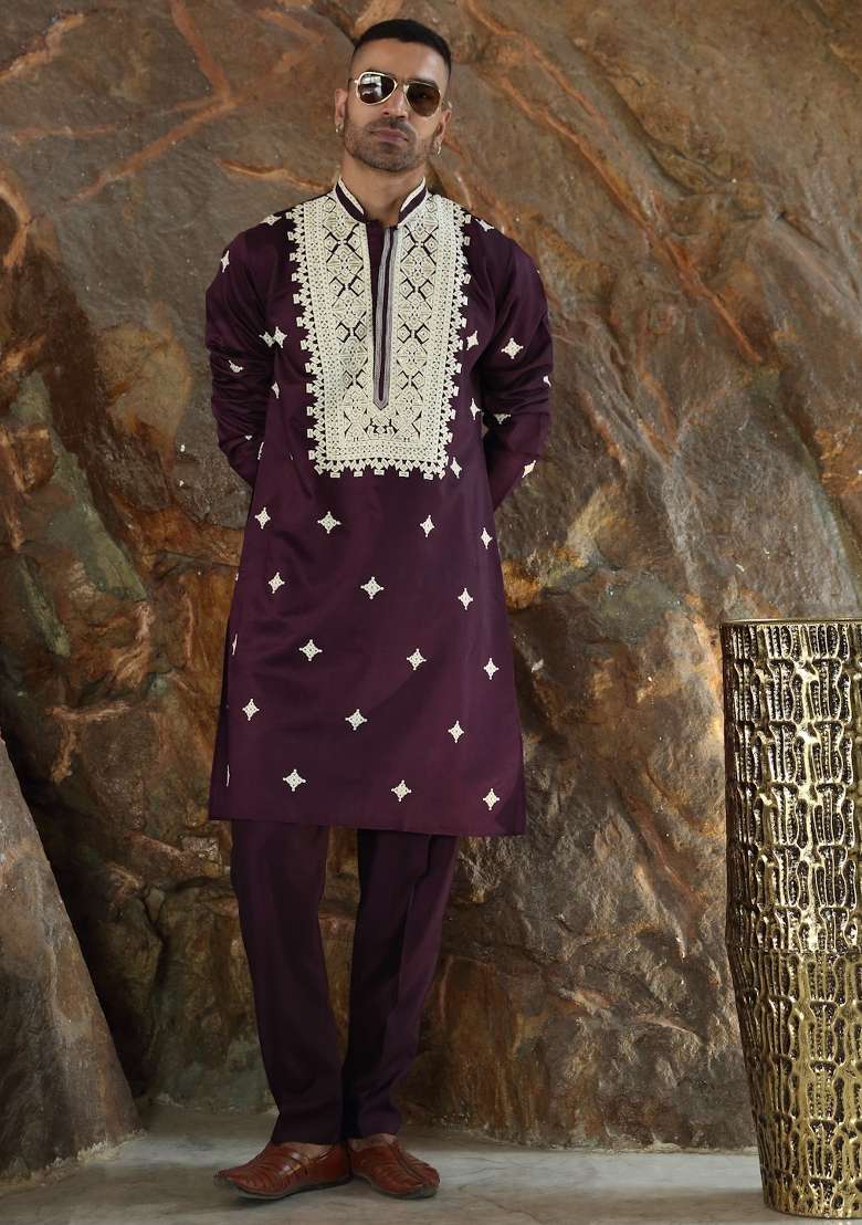 Wine Yoke Design Silk Kurta Set For Men - Indya