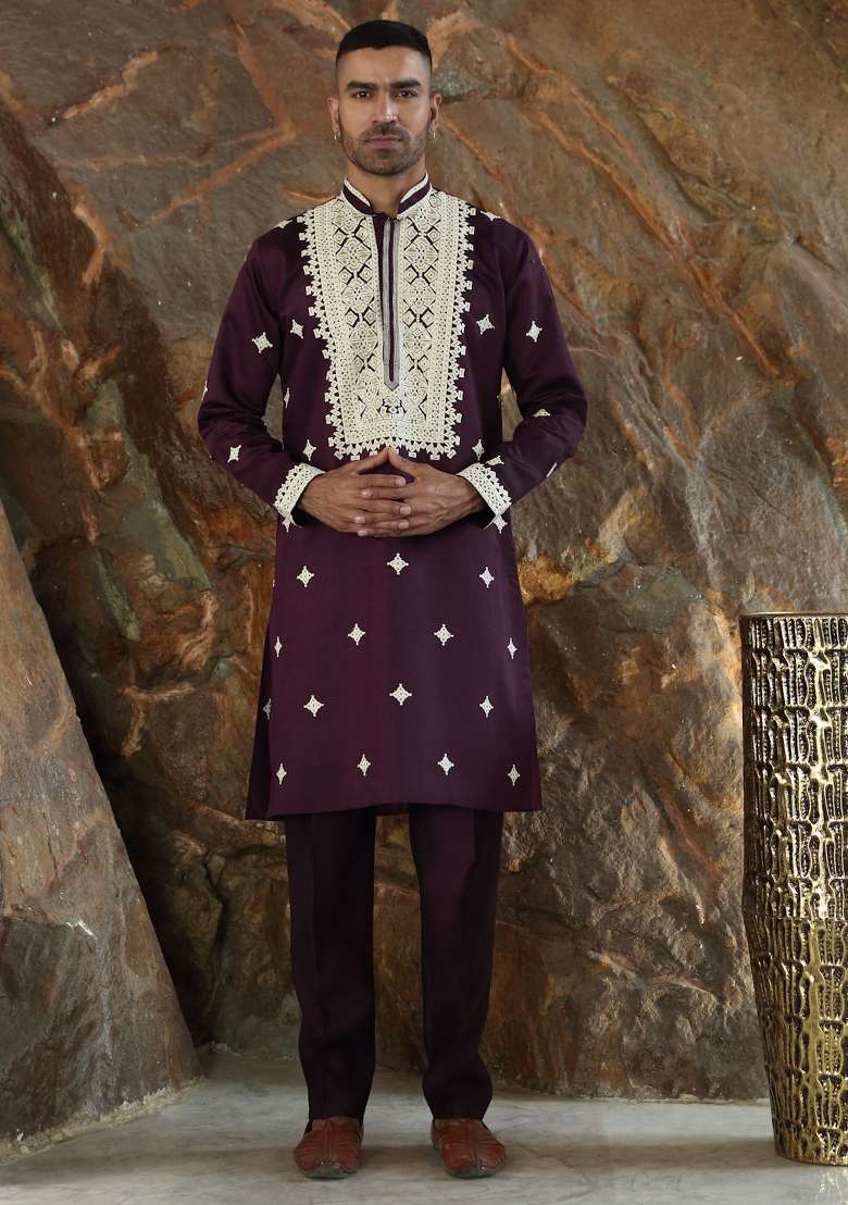 Wine Yoke Design Silk Kurta Set For Men - Indya