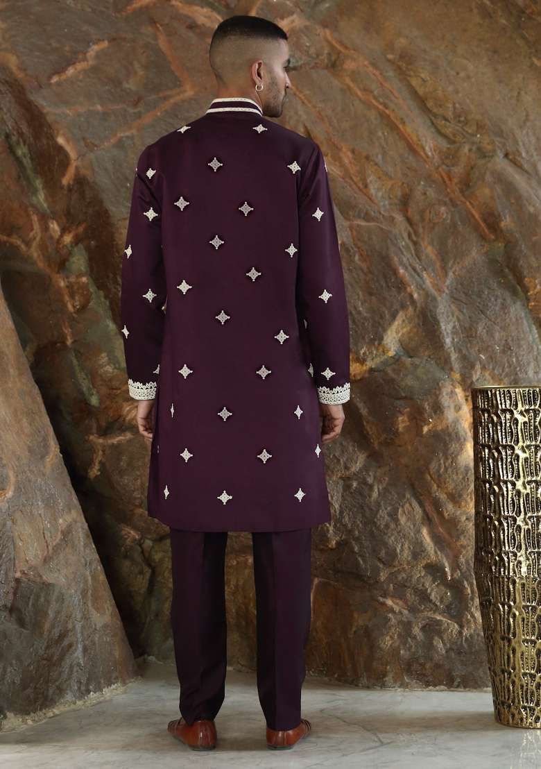 Wine Yoke Design Silk Kurta Set For Men - Indya