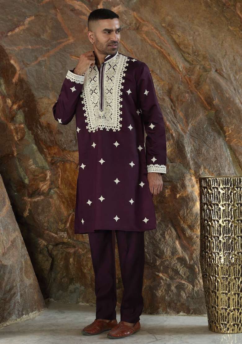 Wine Yoke Design Silk Kurta Set For Men - Indya