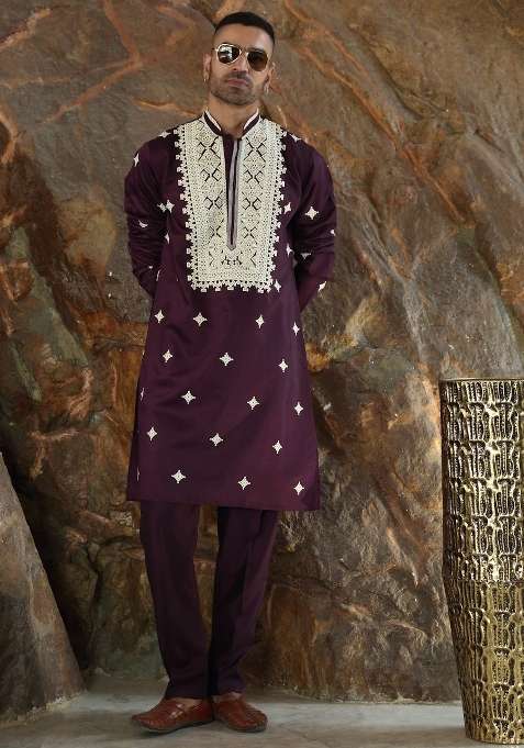 Wine Yoke Design Silk Kurta Set For Men