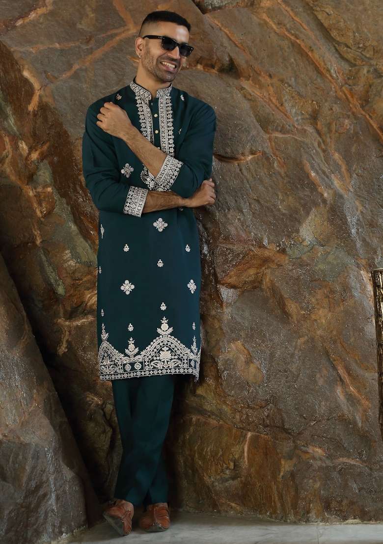 Blue Yoke Design Silk Kurta Set For Men - Indya