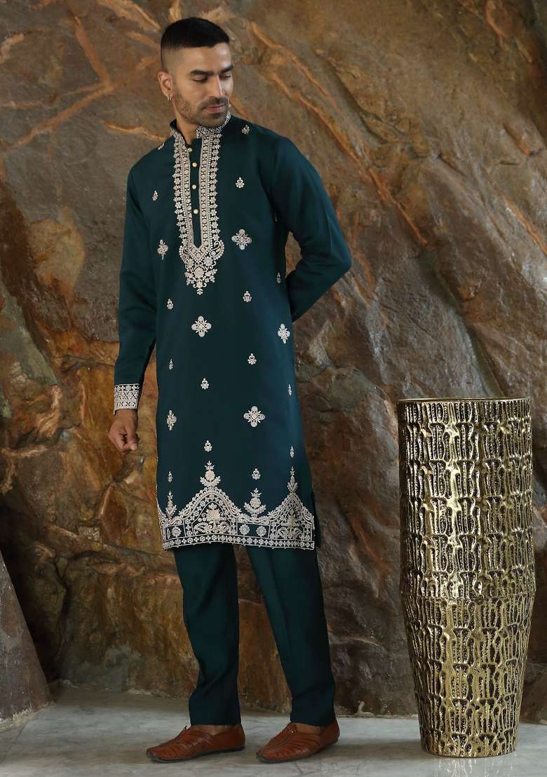 Blue Yoke Design Silk Kurta Set For Men - Indya