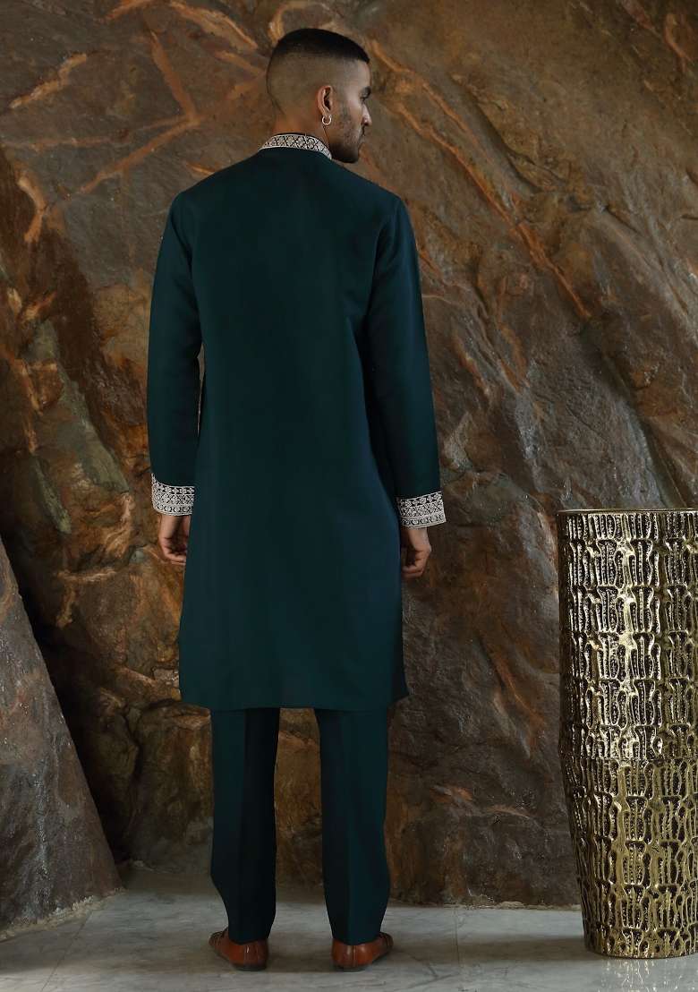 Blue Yoke Design Silk Kurta Set For Men - Indya