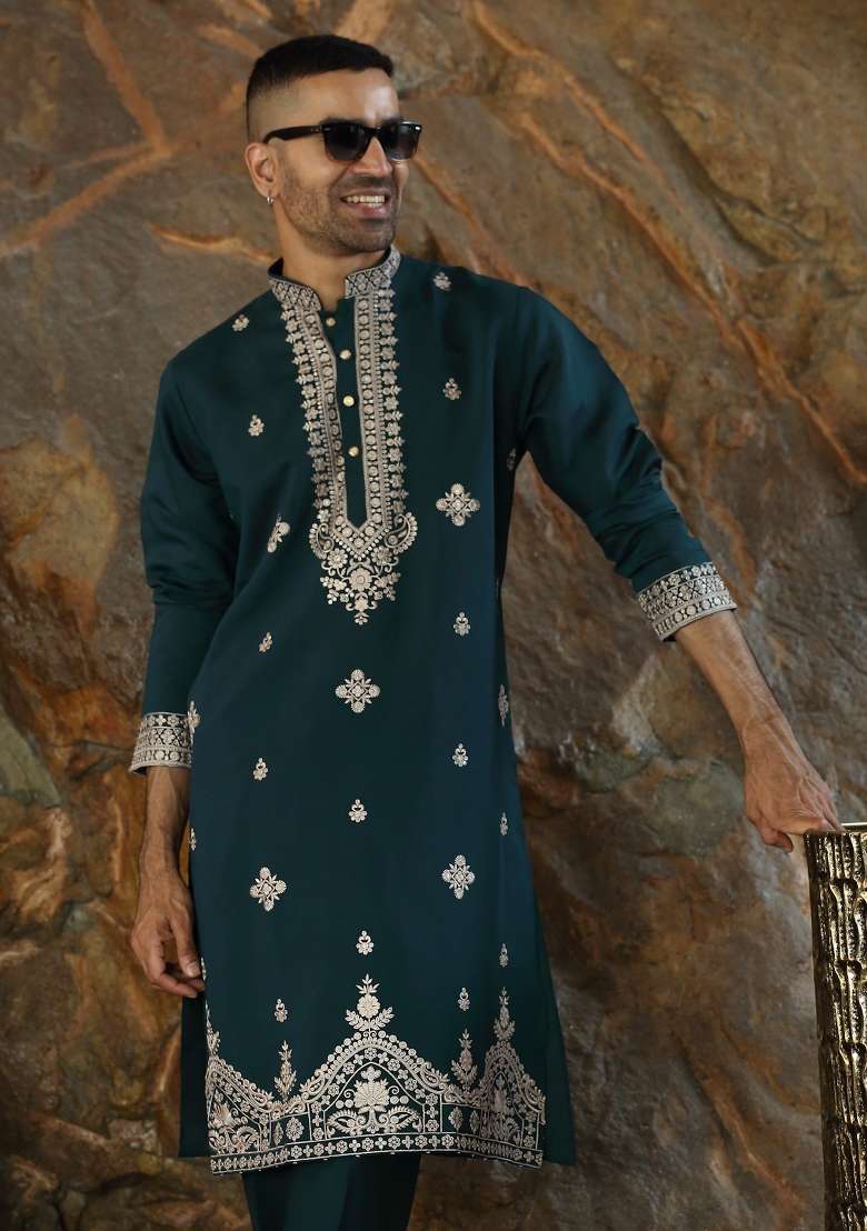 Blue Yoke Design Silk Kurta Set For Men - Indya