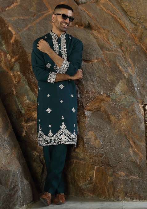 Blue Yoke Design Silk Kurta Set For Men