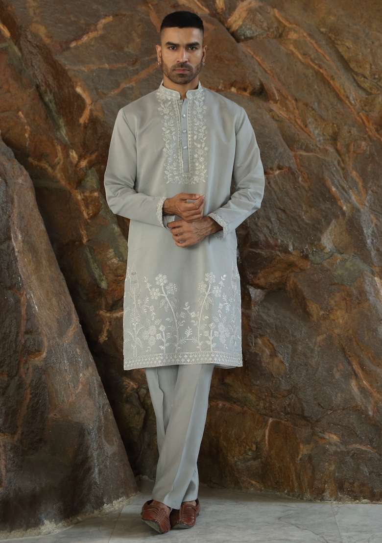 Grey Yoke Design Silk Kurta Set For Men - Indya
