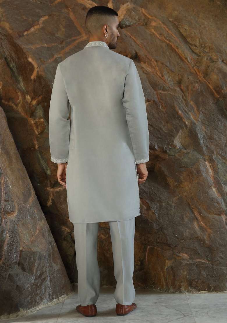 Grey Yoke Design Silk Kurta Set For Men - Indya