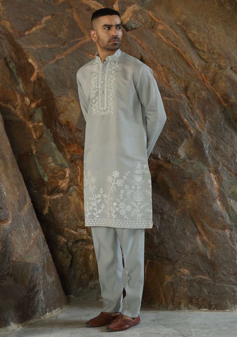 Grey Yoke Design Silk Kurta Set For Men - Indya