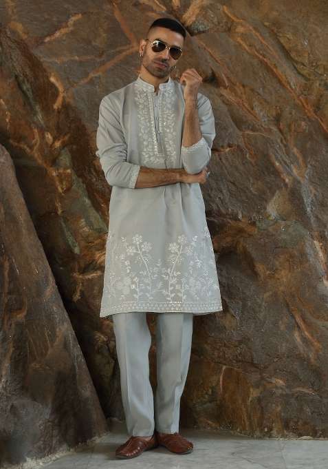 Grey Yoke Design Silk Kurta Set For Men