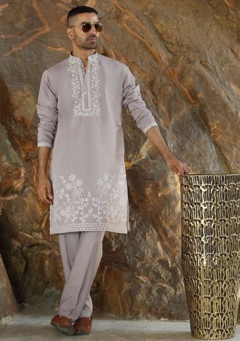 Mauve Yoke Design Silk Kurta Set For Men - Indya