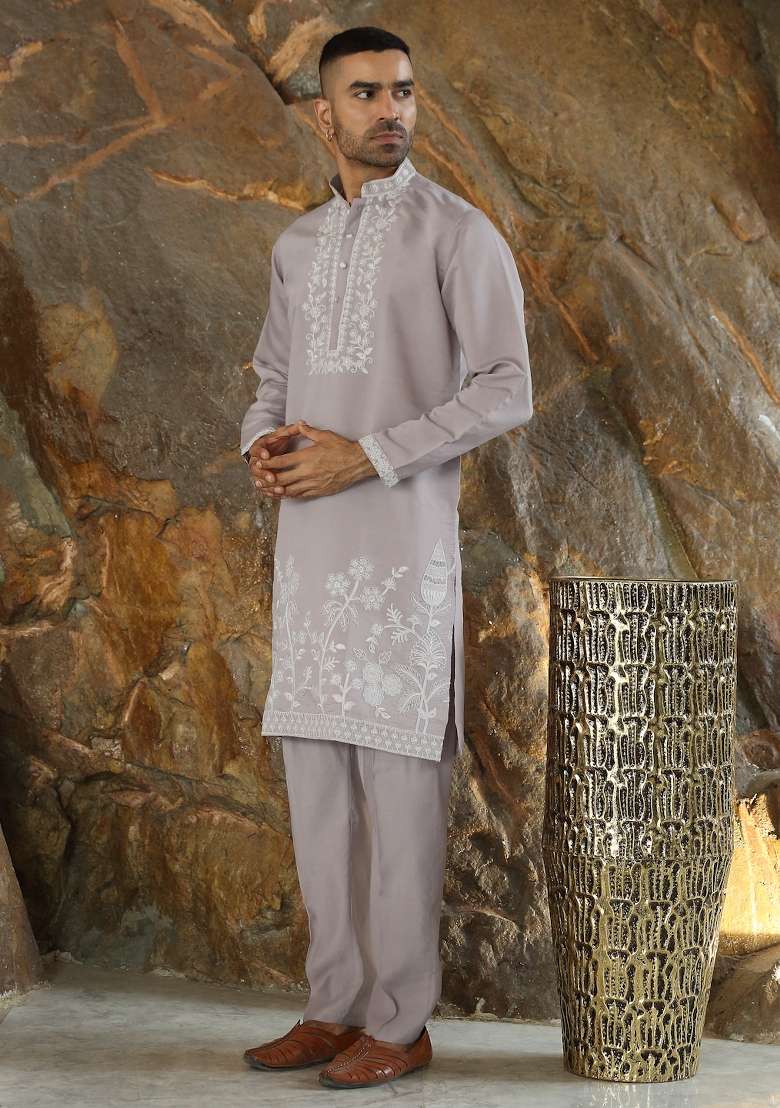 Mauve Yoke Design Silk Kurta Set For Men - Indya