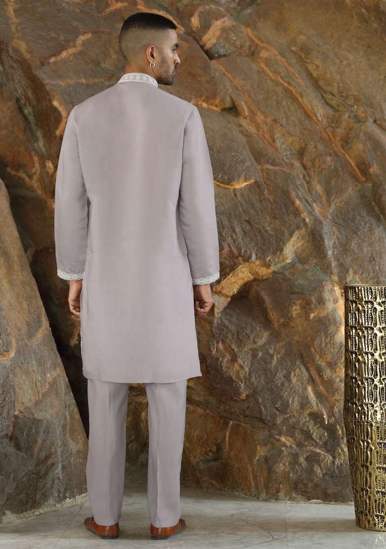 Mauve Yoke Design Silk Kurta Set For Men - Indya