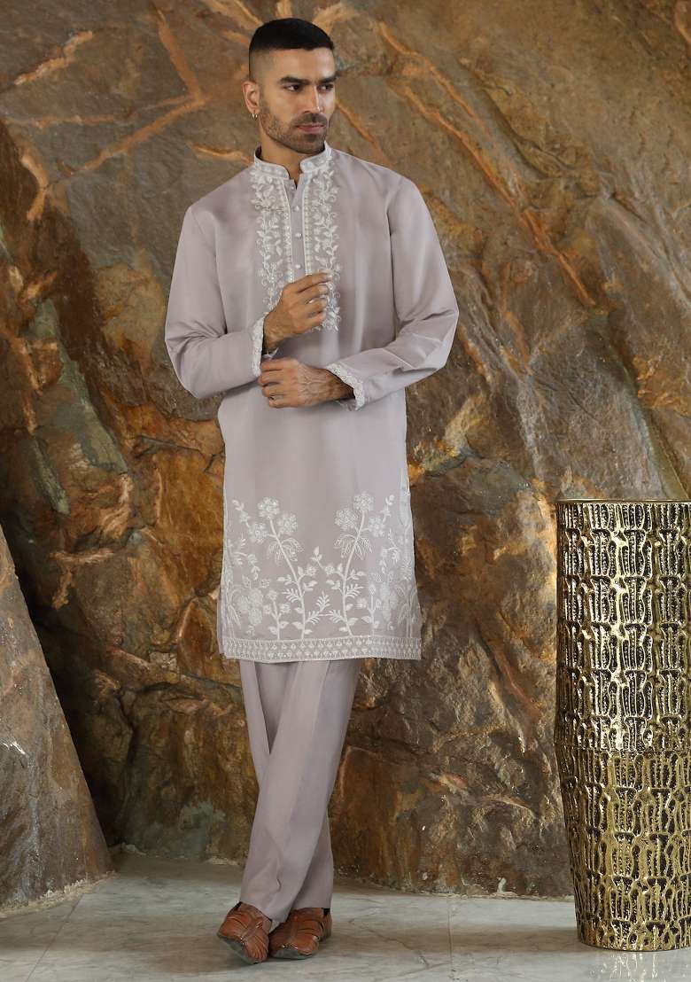 Mauve Yoke Design Silk Kurta Set For Men - Indya