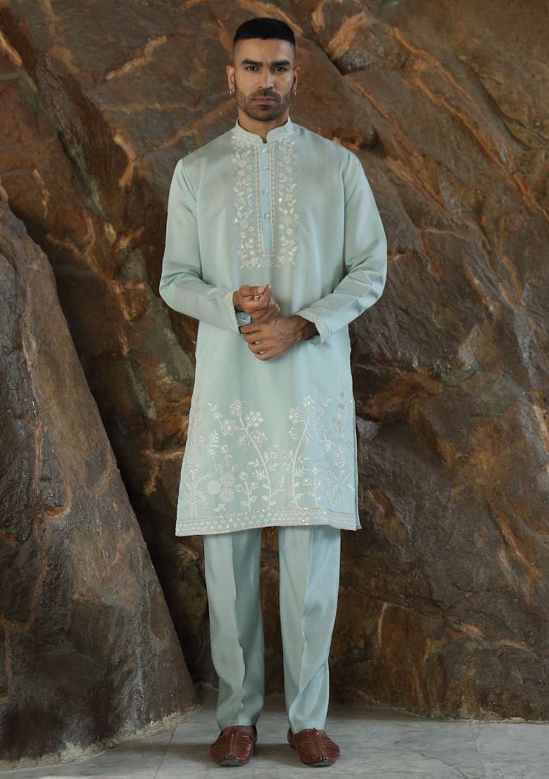 Sea Green Yoke Design Silk Kurta Set For Men - Indya