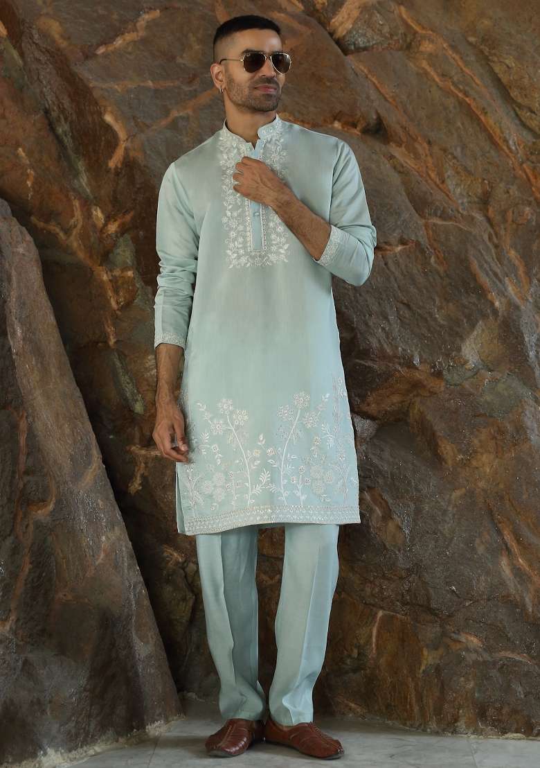 Sea Green Yoke Design Silk Kurta Set For Men - Indya