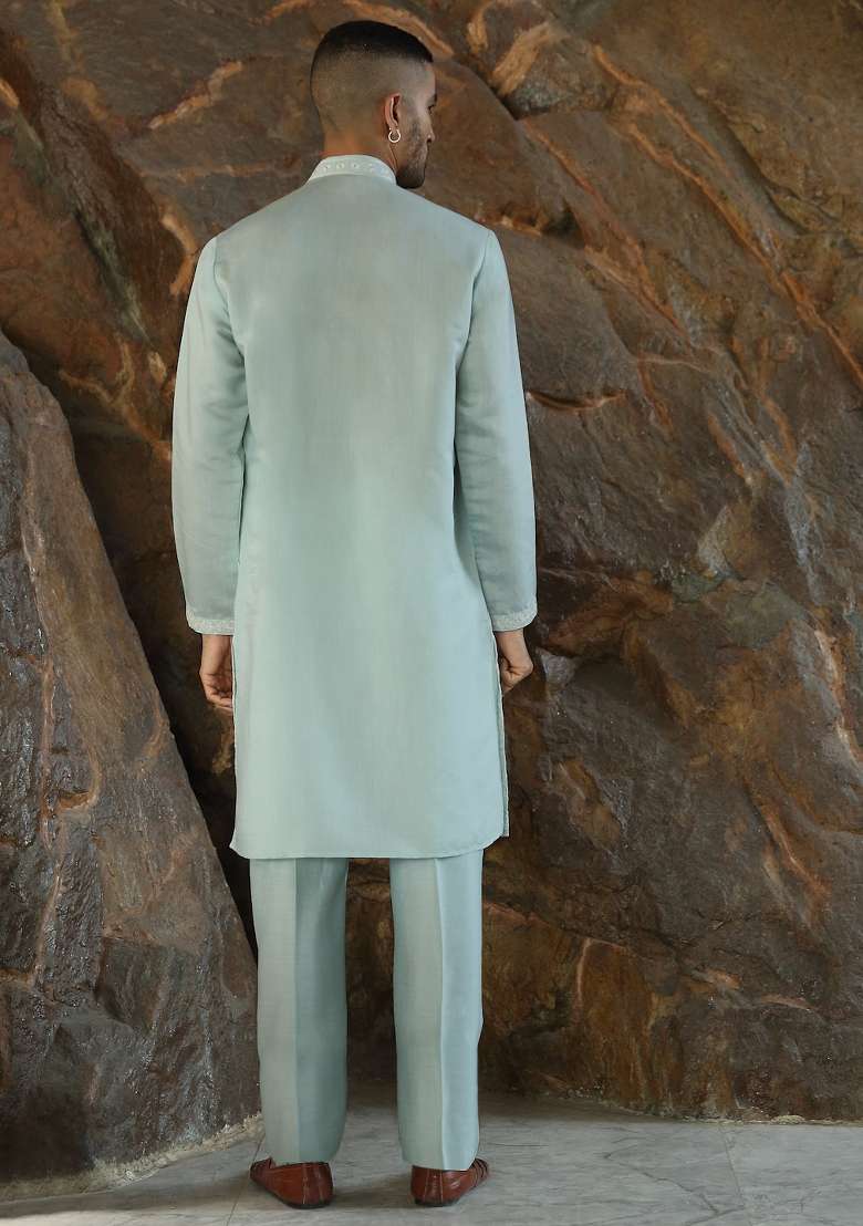 Sea Green Yoke Design Silk Kurta Set For Men - Indya