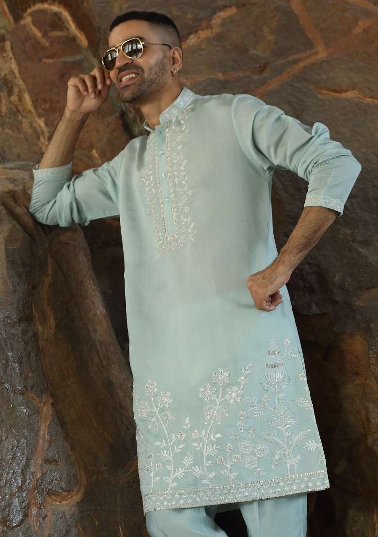 Sea Green Yoke Design Silk Kurta Set For Men - Indya