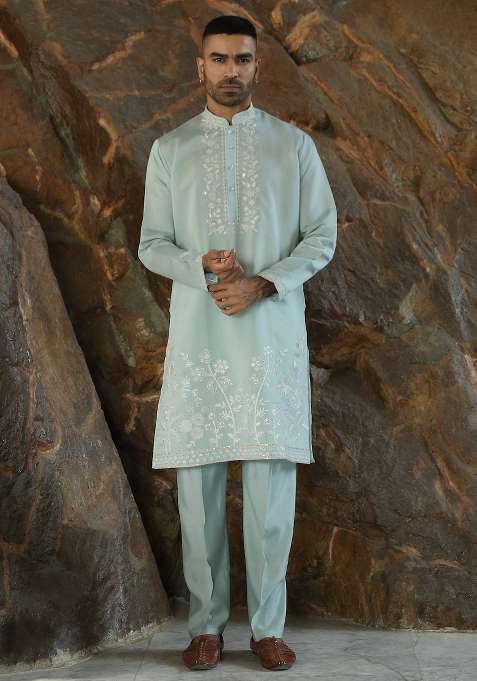 Sea Green Yoke Design Silk Kurta Set For Men