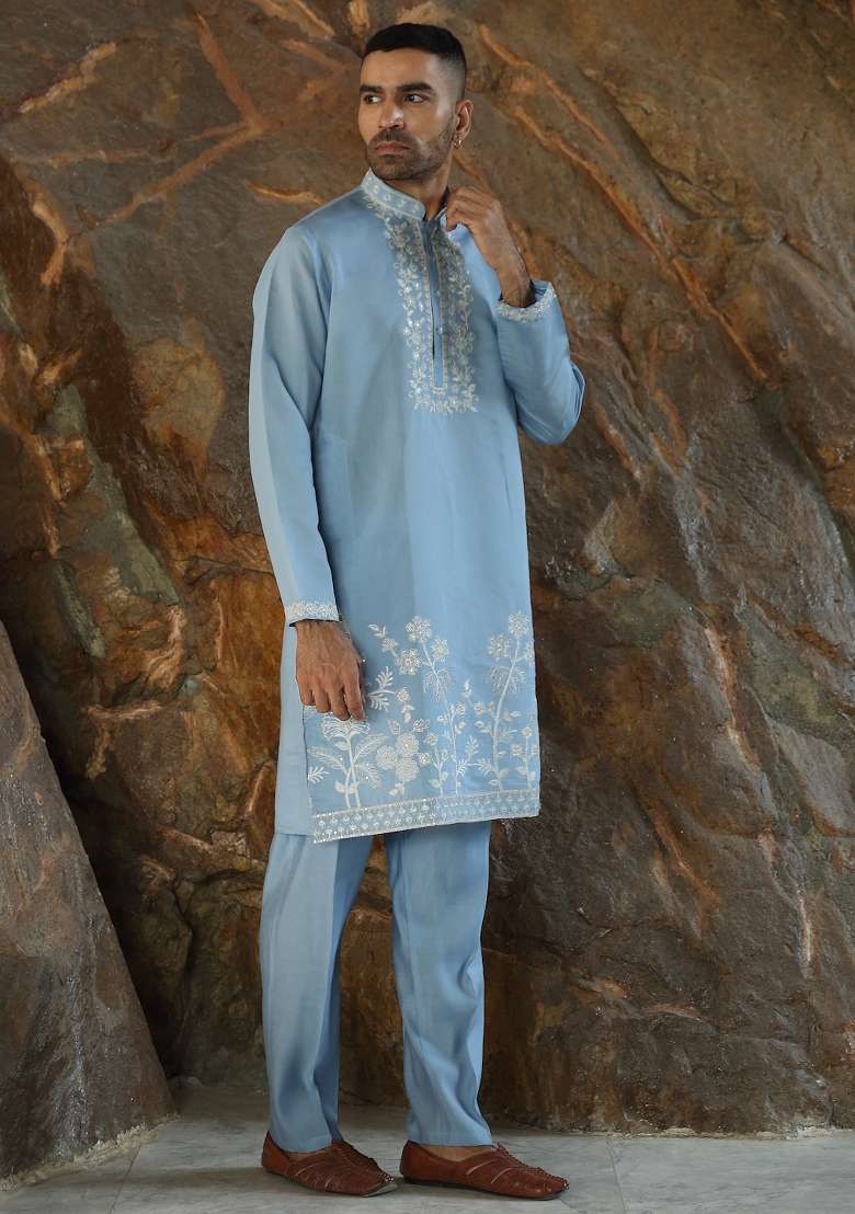 Sky Blue Yoke Design Silk Kurta Set For Men - Indya