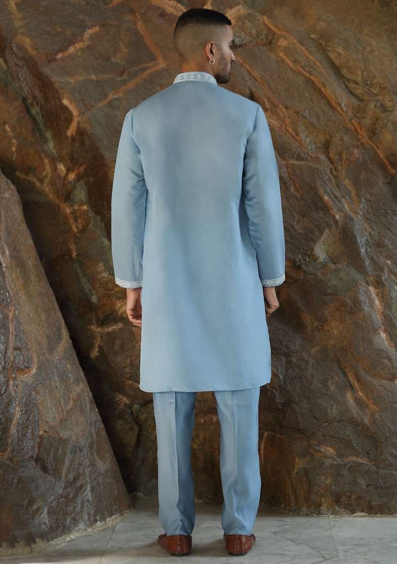 Sky Blue Yoke Design Silk Kurta Set For Men - Indya