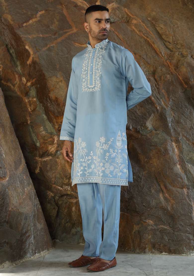 Sky Blue Yoke Design Silk Kurta Set For Men - Indya
