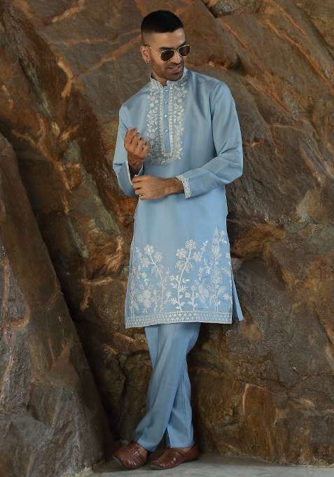 Sky Blue Yoke Design Silk Kurta Set For Men
