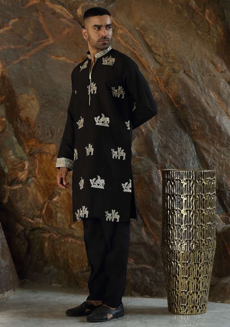 Black Embroidered Silk Blend Kurta Set For Men - Indya