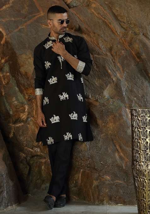 Black Embroidered Silk Blend Kurta Set For Men