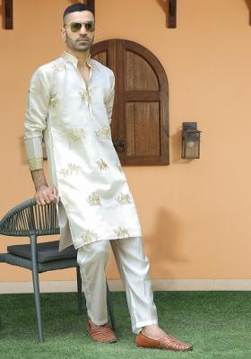 Cream Embroidered Silk Blend Kurta Set For Men