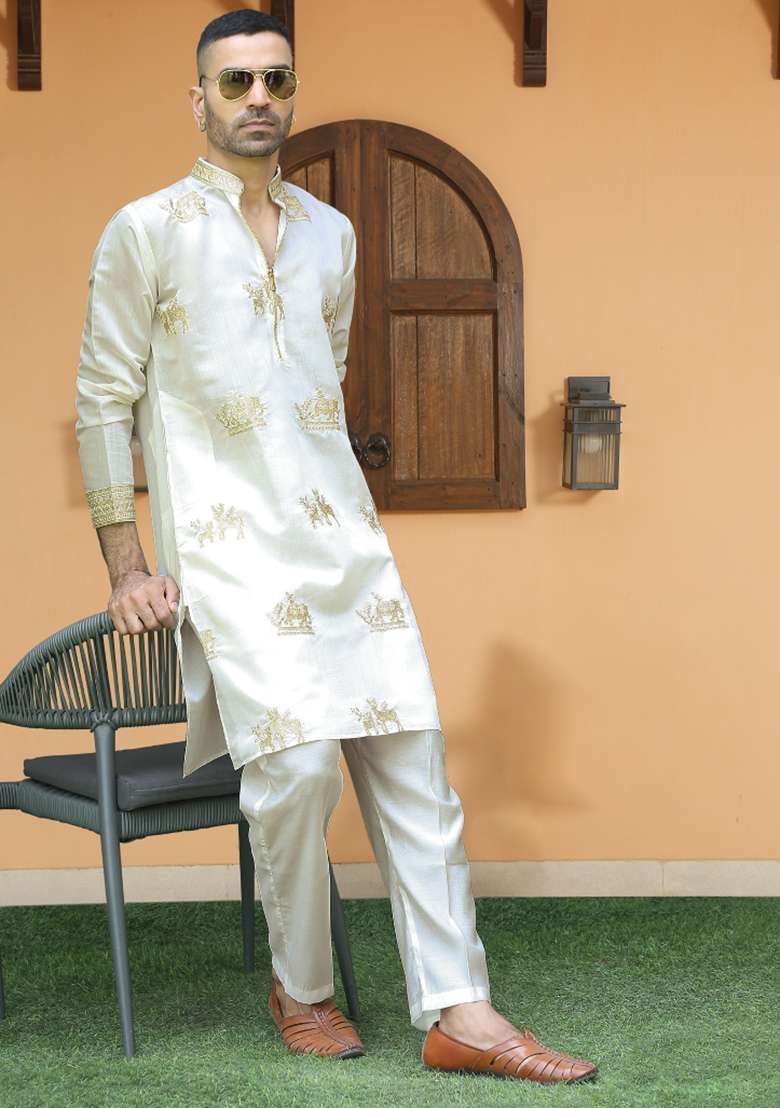 Cream Embroidered Silk Blend Kurta Set For Men - Indya