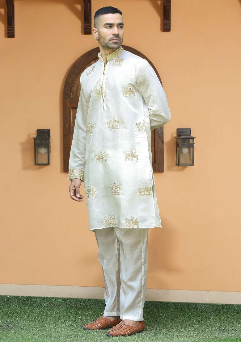 Cream Embroidered Silk Blend Kurta Set For Men - Indya