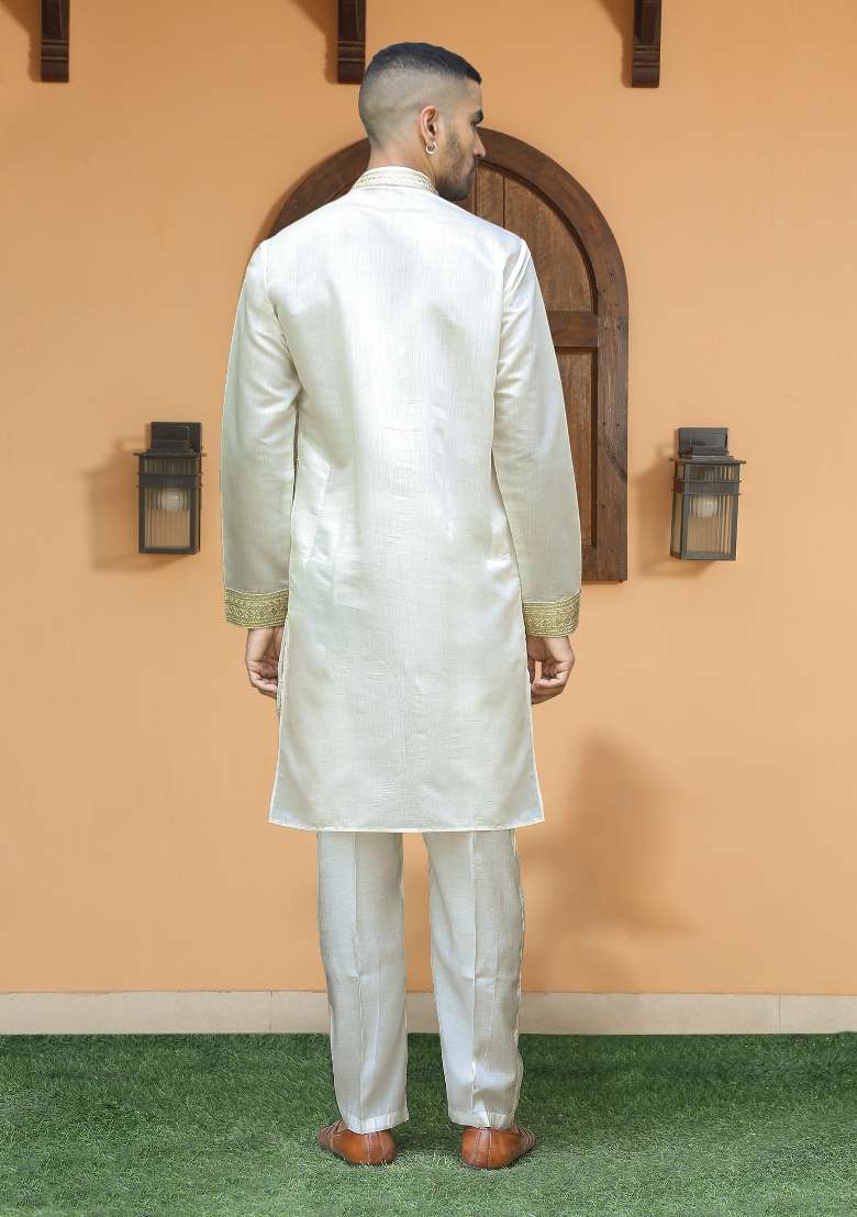 Cream Embroidered Silk Blend Kurta Set For Men - Indya