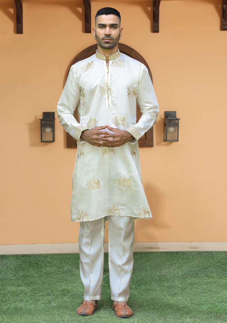 Cream Embroidered Silk Blend Kurta Set For Men - Indya
