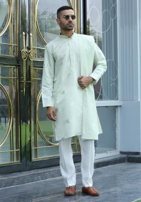 Green Yoke Design Silk Blend Kurta Set For Men