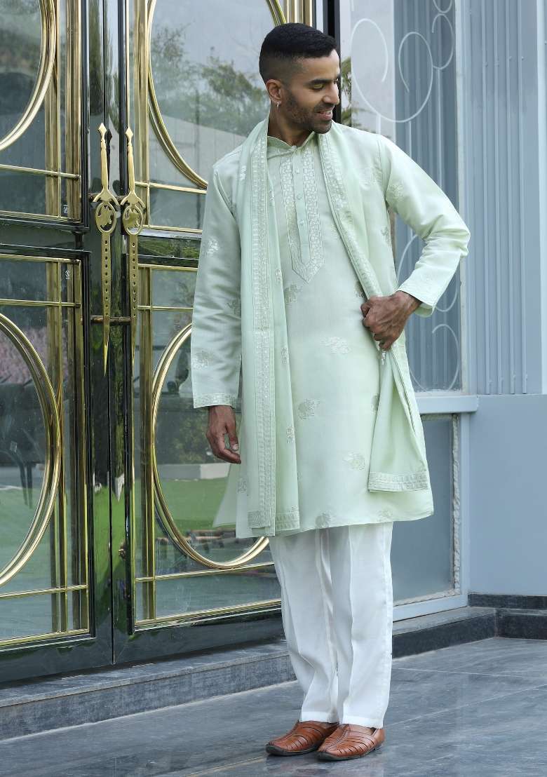 Green Yoke Design Silk Blend Kurta Set For Men - Indya