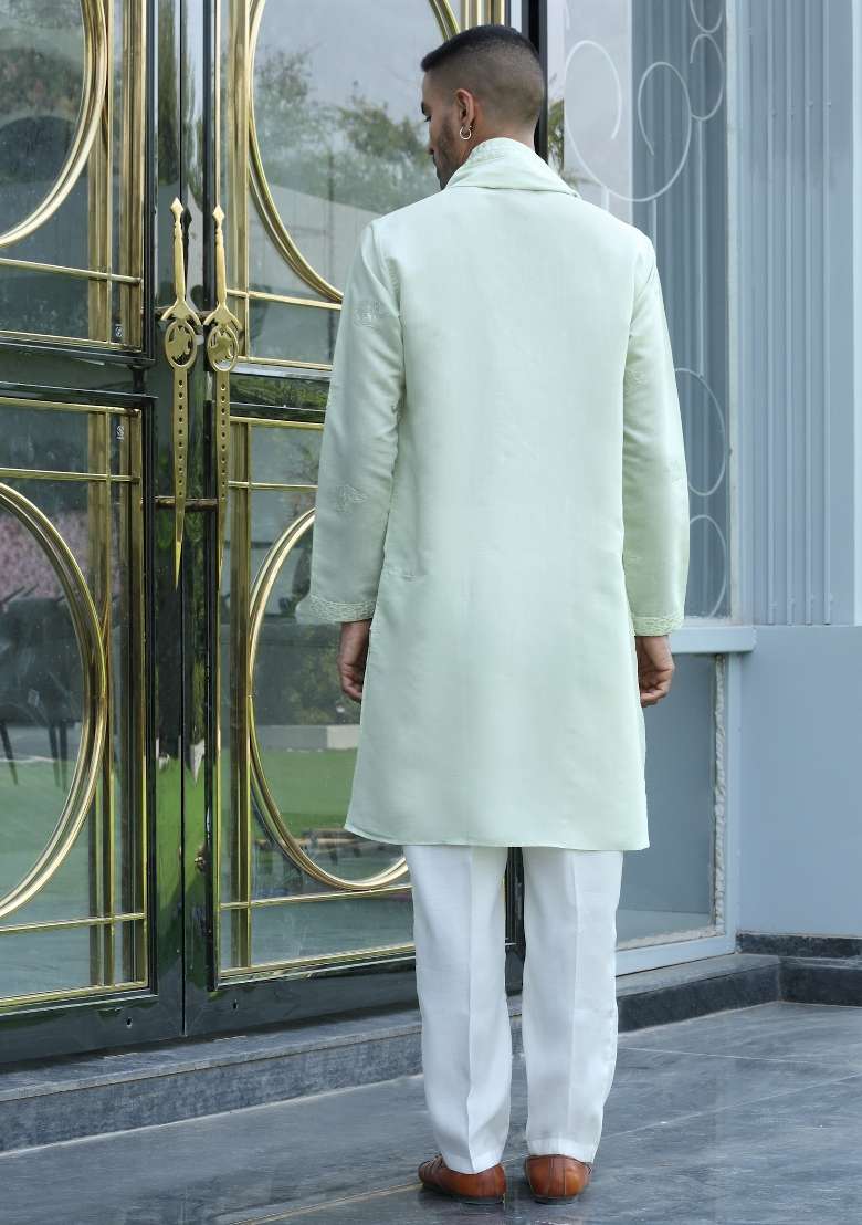 Green Yoke Design Silk Blend Kurta Set For Men - Indya