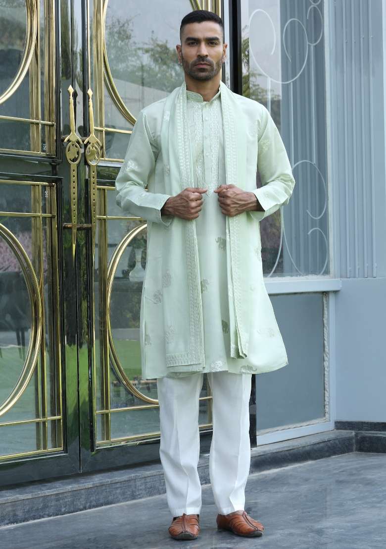 Green Yoke Design Silk Blend Kurta Set For Men - Indya