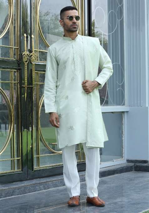 Green Yoke Design Silk Blend Kurta Set For Men