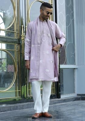 Mauve Yoke Design Silk Blend Kurta Set For Men