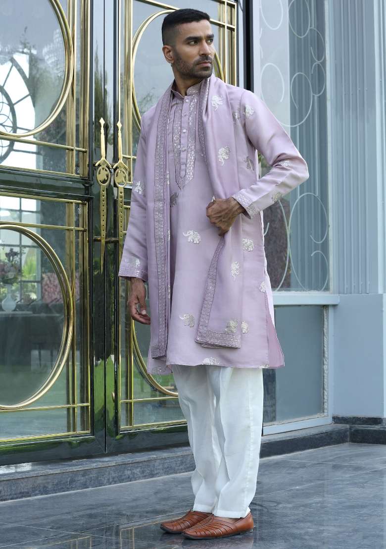Mauve Yoke Design Silk Blend Kurta Set For Men - Indya