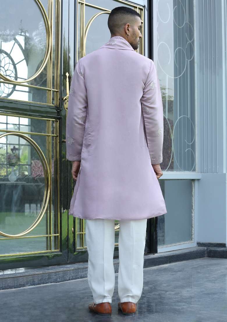 Mauve Yoke Design Silk Blend Kurta Set For Men - Indya