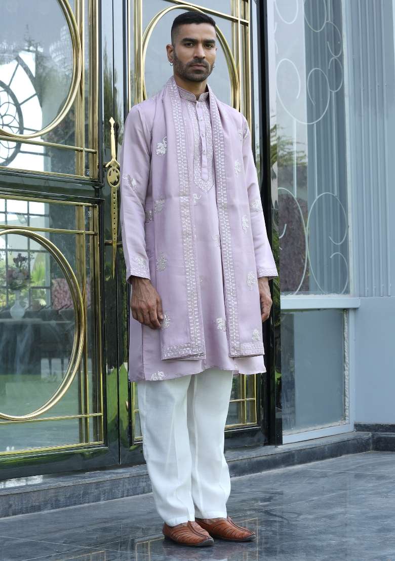 Mauve Yoke Design Silk Blend Kurta Set For Men - Indya