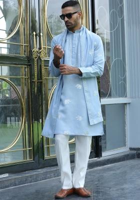 Sky Blue Yoke Design Silk Blend Kurta Set For Men