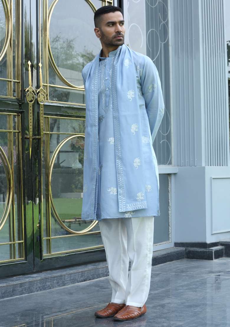 Sky Blue Yoke Design Silk Blend Kurta Set For Men - Indya