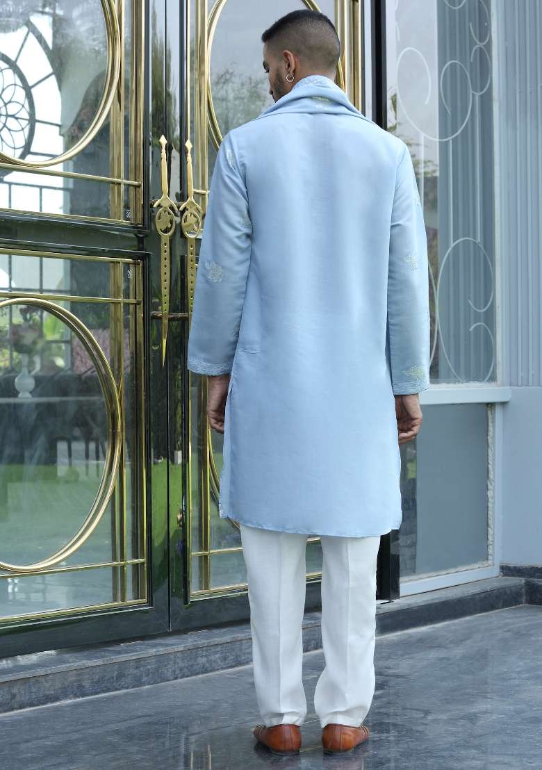 Sky Blue Yoke Design Silk Blend Kurta Set For Men - Indya