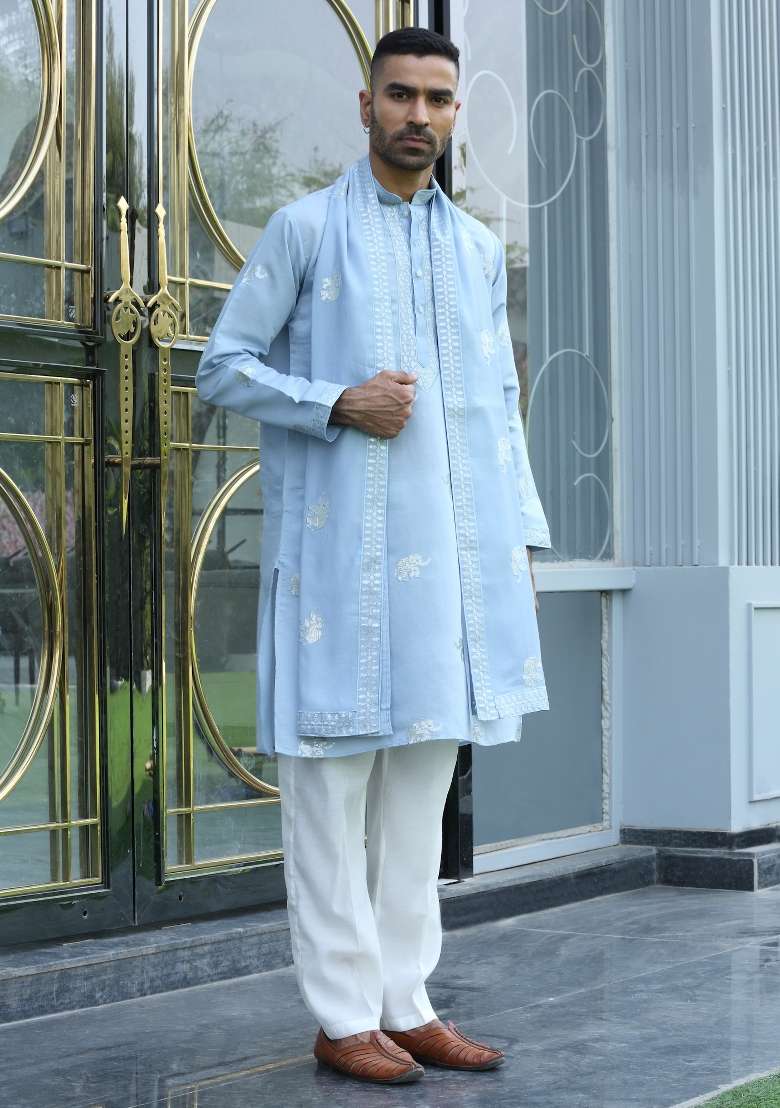 Sky Blue Yoke Design Silk Blend Kurta Set For Men - Indya