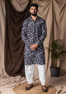 Black Printed Linen Kurta For Men